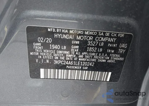 2020 Hyundai Accent Se z USA, uszkodzony, nr VIN 3KPC24A61LE120242